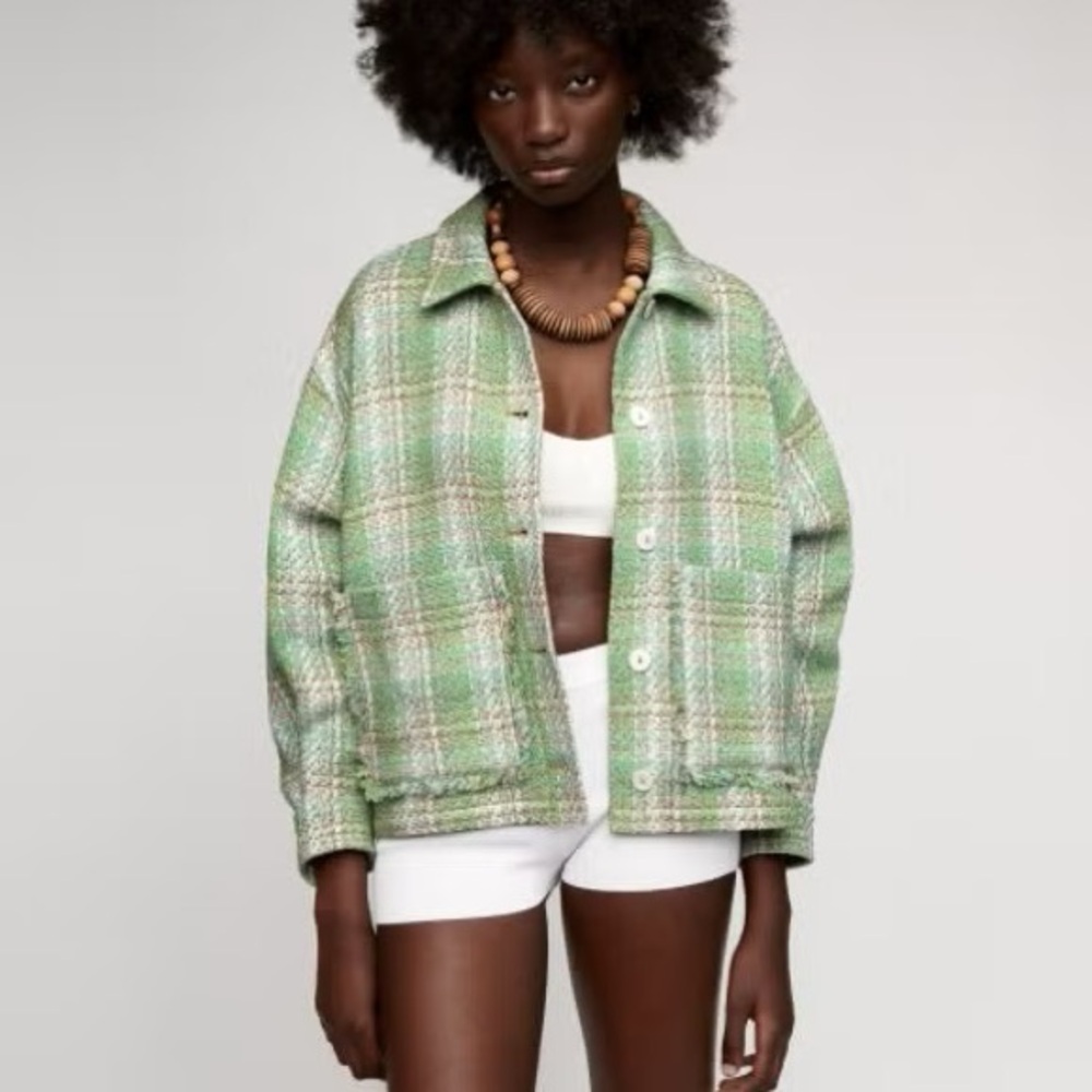 Zara Green Beige Tartan Check Boucle Crop Shacket Blazer Jacket Size Small